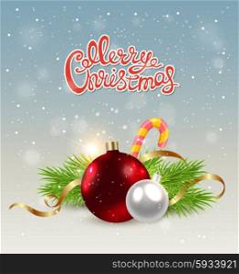 Christmas background with red decoration, candy cane and green fir branch