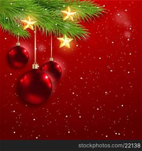 Christmas background with red decorations and golden stars