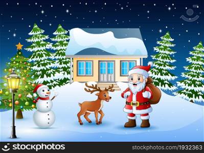 Christmas background with santa claus and deer