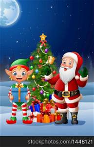 Christmas background with Santa Claus and elf