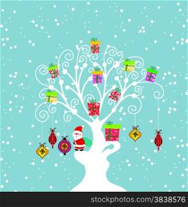 Christmas Background with santa claus and gift on tree