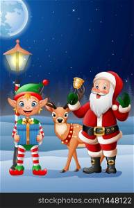 Christmas background with Santa Claus, deer and elf