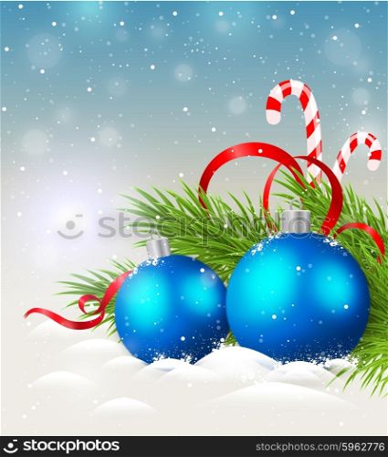 Christmas background with shining blue decorations and candy cane