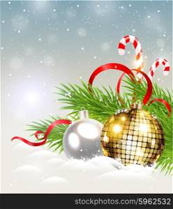 Christmas background with shining golden decoration and candy cane