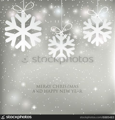 Christmas background with shining white and silver Snowflakes. Lettering Merry Christmas card vector Illustration.. Christmas card with white snowflakes on silver grey background. Lettering Merry Christmas and Happy new year card vector Illustration.