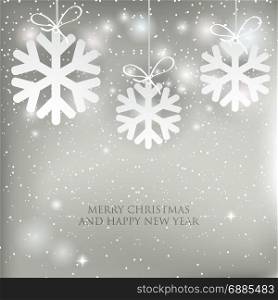 Christmas background with shining white and silver Snowflakes. Lettering Merry Christmas card vector Illustration.. Christmas card with white snowflakes on silver grey background. Lettering Merry Christmas and Happy new year card vector Illustration.