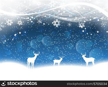 Christmas background with silhouettes of deer with snow