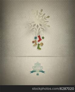 Christmas Background With Snowflake, Decorations And Title Inscription