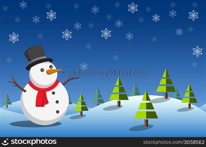 Christmas background with snowman in winter landscape