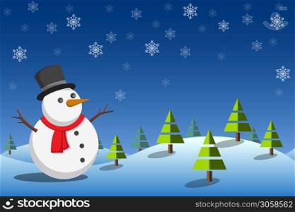 Christmas background with snowman in winter landscape