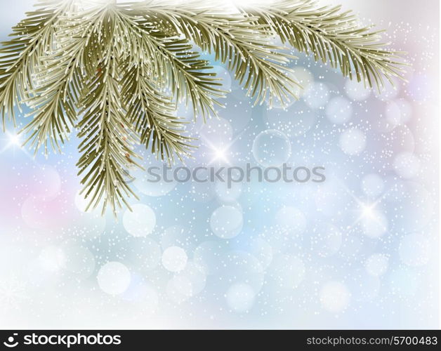Christmas background with tree branches and snowflakes. Vector