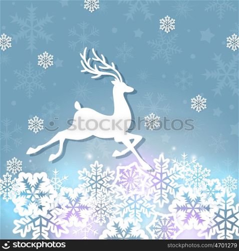 Christmas background with white cut from paper deer and snowflakes. Design for Christmas card.