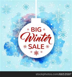 Christmas background with white decoration, snowflakes and watercolor texture. Design for seasonal winter sale. Vector illustration