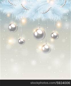 Christmas background with white pine branch and decorations