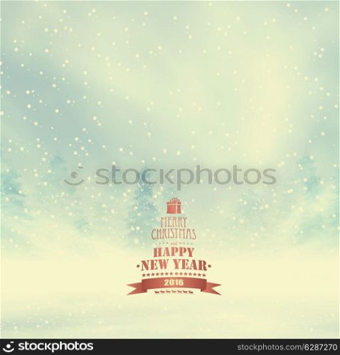 Christmas Background With Winter Day, Forest, Snow, Gift, Raindeers And Title Inscription