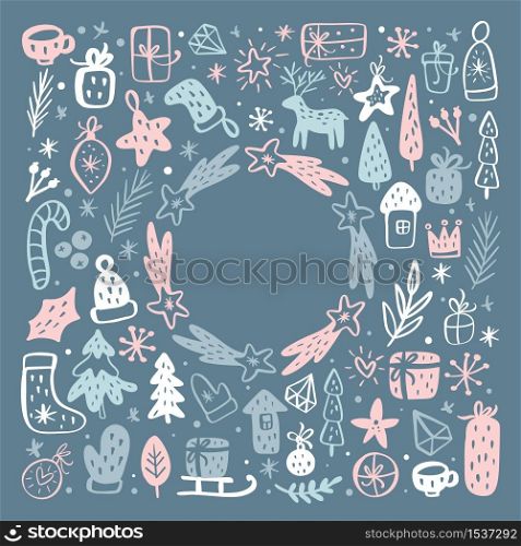 Christmas background with xmas gifts, caps, hats and other elements. Vector template for greeting card with place for text. Winter frame isolated.. Christmas background with xmas gifts, caps, hats and other elements. Vector template for greeting card with place for text. Winter frame isolated