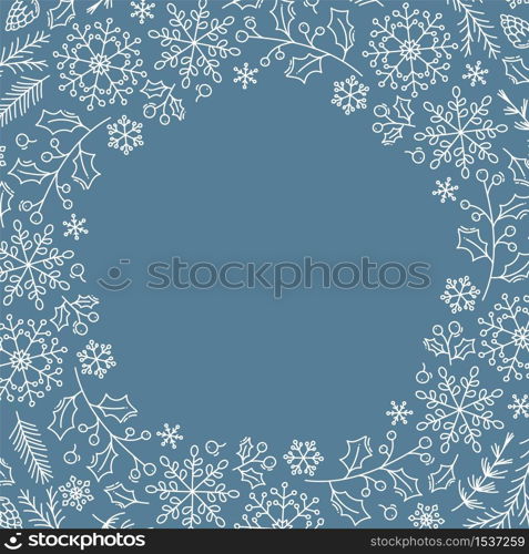 Christmas background with xmas snowflakes, leaves and other elements. Vector template for greeting card with place for text. Winter isolated frame.. Christmas background with xmas snowflakes, leaves and other elements. Vector template for greeting card with place for text. Winter isolated frame