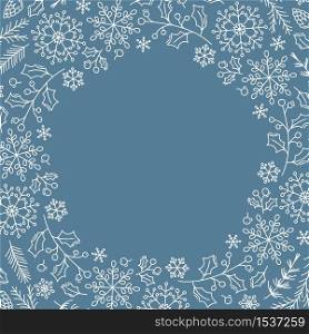 Christmas background with xmas snowflakes, leaves and other elements. Vector template for greeting card with place for text. Winter isolated frame.. Christmas background with xmas snowflakes, leaves and other elements. Vector template for greeting card with place for text. Winter isolated frame