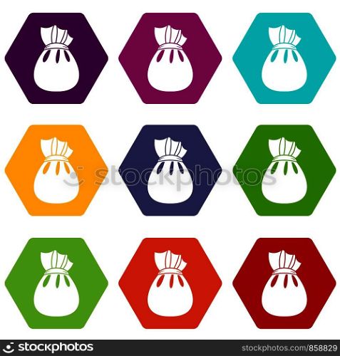 Christmas bag of Santa Claus icon set many color hexahedron isolated on white vector illustration. Christmas bag of Santa Claus icon set color hexahedron
