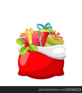 Christmas Bag with Presents, Gift Boxes and Holly Berry - Illustration Vector