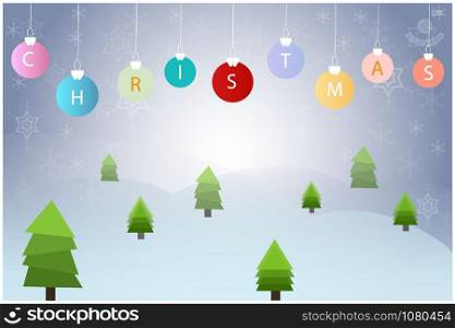 Christmas ball hanging with pine tree vector on blue background