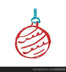 Christmas ball. Icon in hand draw style. Drawing with wax crayons, colored chalk, children&rsquo;s creativity. Vector illustration. Sign, symbol, pin, sticker. Icon in hand draw style. Drawing with wax crayons, children&rsquo;s creativity