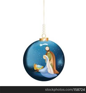 Christmas ball with christian nativity scene on blue background