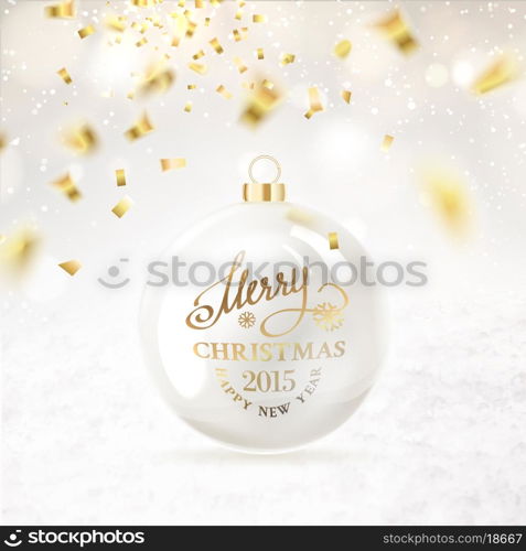 Christmas ball with curves of ribbon confetti. Vector illustration.