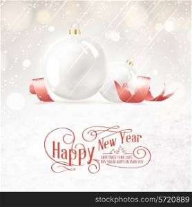 Christmas ball with curves of ribbon confetti. Vector illustration.