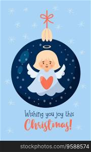 Christmas ball with cute cartoon angel girl and holiday greeting. Vector illustration. Xmas, new year design, holiday vertical card. Cute kids collection