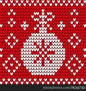 Christmas ball with row on wallpaper. Wool textile with Xmas embroidery of snow and holiday toy. Handicraft ornament snowflakes on red color. Postcard decorated with winter traditional symbols vector. Winter Textile with Xmas Ball and Snowflake Vector