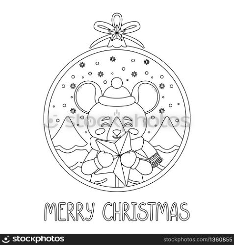Christmas ball with the image of rat holding a star. The symbol of the Chinese New Year 2020. Greeting card with a mouse for the New Year and Christmas. Vector illustration. For coloring book.