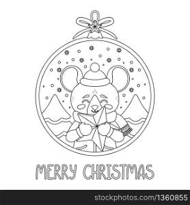 Christmas ball with the image of rat holding a star. The symbol of the Chinese New Year 2020. Greeting card with a mouse for the New Year and Christmas. Vector illustration. For coloring book.