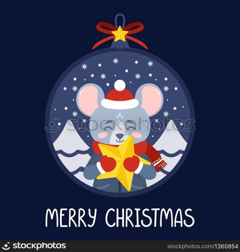 Christmas ball with the image of rat holding a yellow star. The symbol of the Chinese New Year 2020. Greeting card with a mouse for the New Year and Christmas. Vector illustration. Scandinavian style.