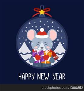 Christmas ball with the image of rat holding gifts. The symbol of the Chinese New Year 2020. Greeting card with a mouse for the New Year and Christmas. Vector illustration. Scandinavian style.