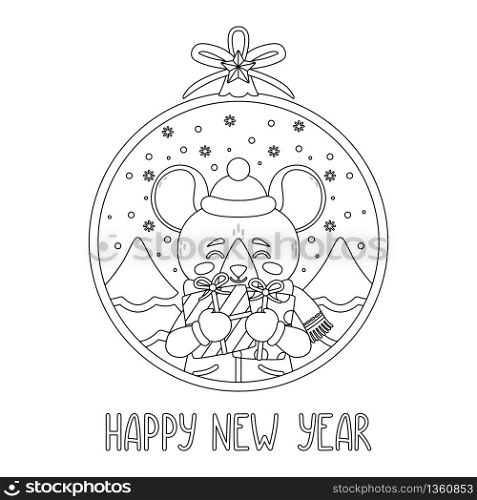 Christmas ball with the image of rat holding gifts. Greeting card with a mouse for the New Year and Christmas. Vector illustration. Scandinavian style. Page for coloring book. Outline drawing.
