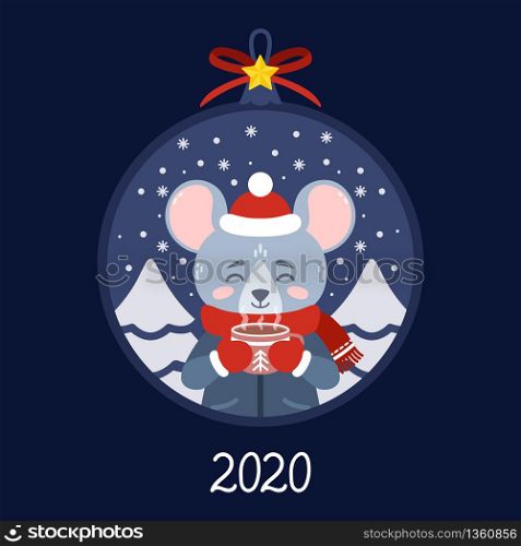 Christmas ball with the image of rat with a cup of tea. Mouse in winter wear with a cocoa standing in snow. Greeting card for the New Year and Christmas. Vector illustration. Scandinavian style.