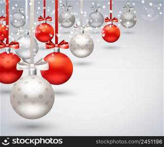 Christmas balls abstract background with red and silver balls hanging on ribbon with bow realistic vector Illustration. Christmas Balls Abstract Background