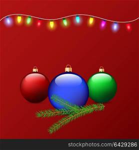 Christmas balls branch of a christmas tree and garland on a red background. . Christmas balls branch of a christmas tree and garland on a red background. Vector illustration .