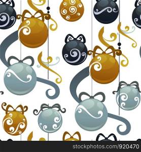 Christmas balls holiday decoration Happy new year elegant festive cartoon illustration with swirls. vector seamless pattern.. Christmas balls holiday decoration vector seamless pattern.