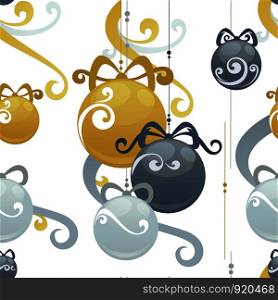 Christmas balls holiday decoration vector seamless pattern. Happy new year elegant festive cartoon illustration with swirls.. Christmas balls holiday decoration vector seamless pattern.