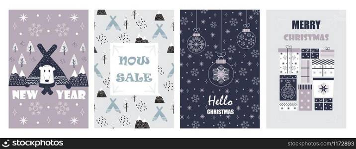 Christmas balls on greeting xmas cards in outline. Panda, mountain are in scandinavian style. Snowflakes are falling. Promo gift, winter sale posters sketches. Minimal vector doodles set of New year.