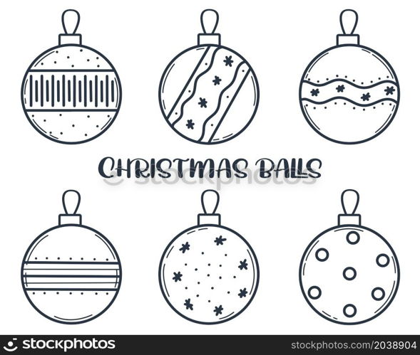 Christmas balls set isolated vector illustration. Collection of hand drawn baubles for decoration. Round festive balls doodle style. Christmas balls set isolated vector illustration