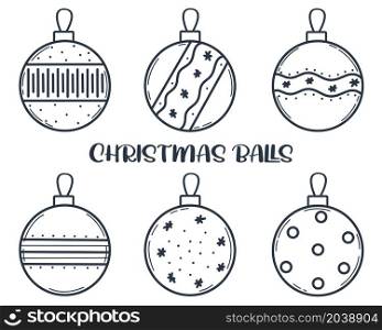 Christmas balls set isolated vector illustration. Collection of hand drawn baubles for decoration. Round festive balls doodle style. Christmas balls set isolated vector illustration