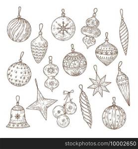 Christmas balls sketch set. Xmas tree decorations. Winter holidays and new year vector hand drawn festive collection. Illustration christmas ball xmas, gift scribble sphere. Christmas balls sketch set. Xmas tree decorations. Winter holidays and new year vector hand drawn festive collection