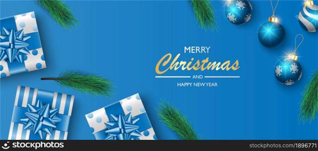 Christmas banner background design, gifts box on blue background, Christmas cover background,, greeting card, vector illustration