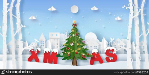 Christmas banner background, Origami Paper art of Christmas tree in the village with XMAS word, Merry Christmas and Happy New Year