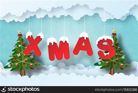 Christmas banner background, Origami Paper art of Christmas tree with XMAS word, Merry Christmas and Happy New Year