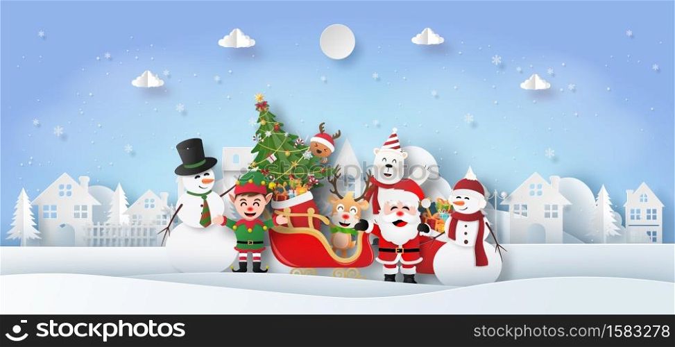 Christmas banner background, Origami Paper art of Santa Claus and friends in the village, Merry Christmas and Happy New Year