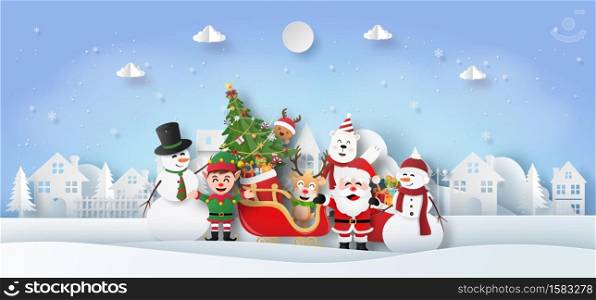 Christmas banner background, Origami Paper art of Santa Claus and friends in the village, Merry Christmas and Happy New Year